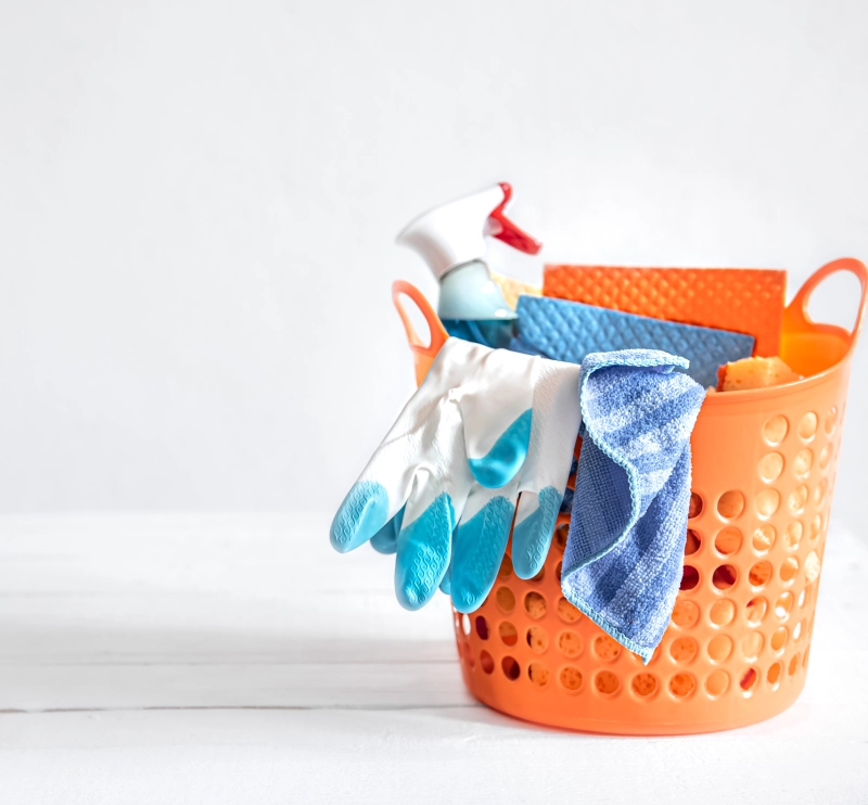 close up set home cleaning products bright basket means maintaining cleanliness background
